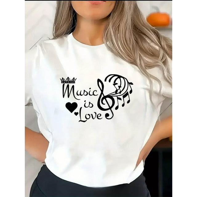 Women's Casual Music & Love Graphic Tee - Short Sleeve, Round Neck, Polyester Blend, Comfortable Summer Top for Casual Attire