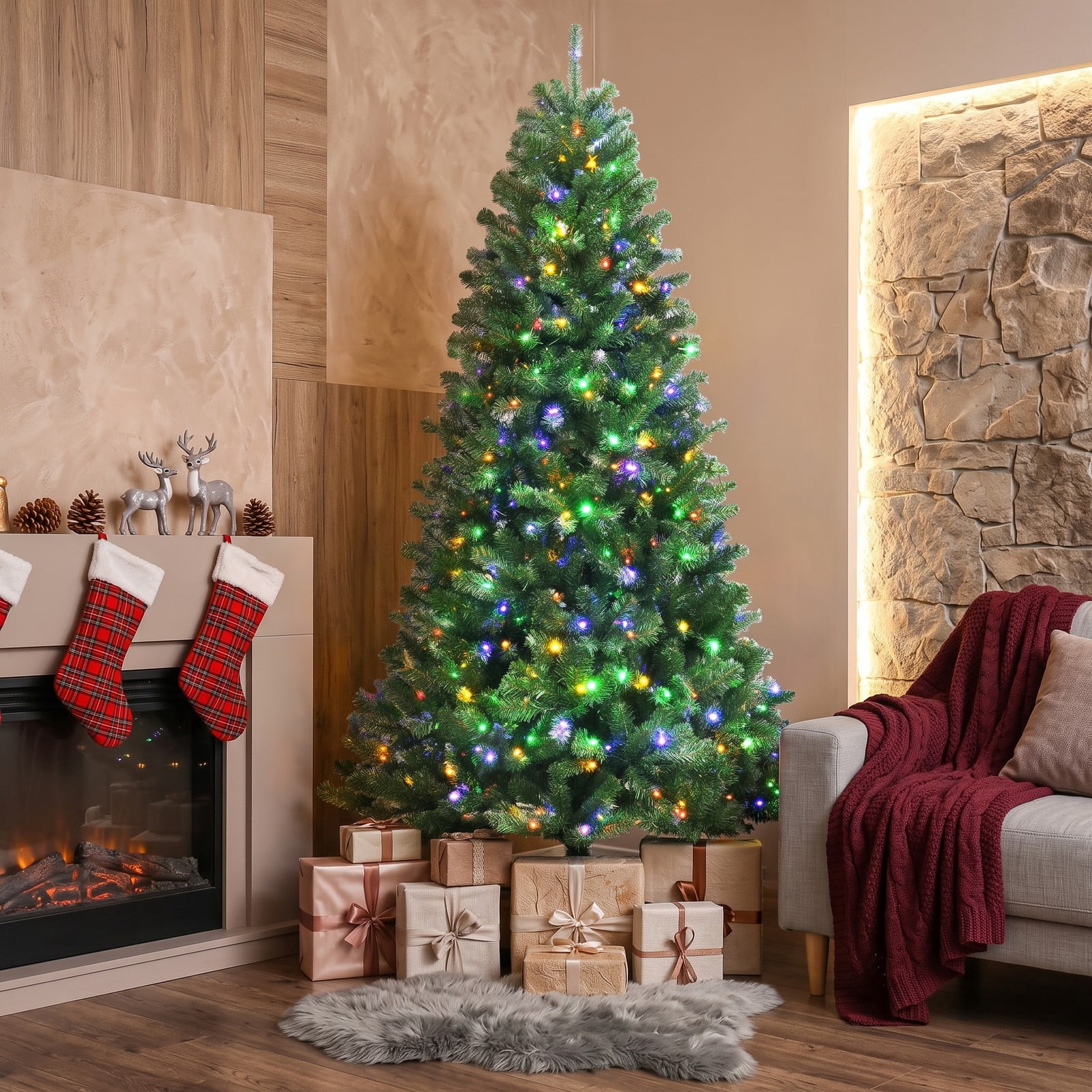 RUIE 8FT Pre-Lit Artificial Hinged Christmas Tree with 600 Remote-Controlled Color-Changing LED Lights, 1605 Tips Full Xmas Holiday Tree with Metal Stand, Green