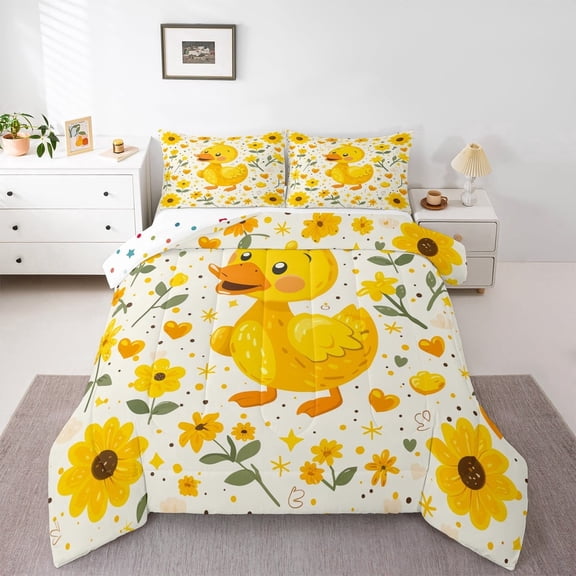 jejeloiu Cartoon Animal Duck Full Size Comforter Sets,Oil Painting Bedding Comforter Set,Yellow Daisy Floral Bedding Sets For Children,Ultra Soft Home Decor Reversible,3-Piece