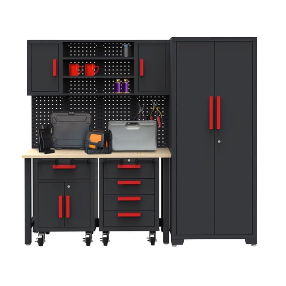 HPDAVV 6-Pcs Workshop Cabinet Set in Black with Workbench - Perfect for Organizing Garage and Tools - Included Steel Cabinets Drawers Shelving Rolling Chest 81.5"L 18.5"D 76"H Assembled Cabinet Kit