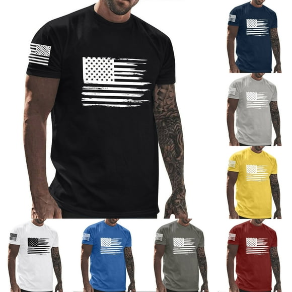 DODADAWANJ T-Shirts Drapeau Américain pour Hommes 4 Juillet T-Shirts en Coton Grande Taille T-Shirt Patriotique pour Hommes Été Décontracté Manches Courtes Col Rond T-Shirts L