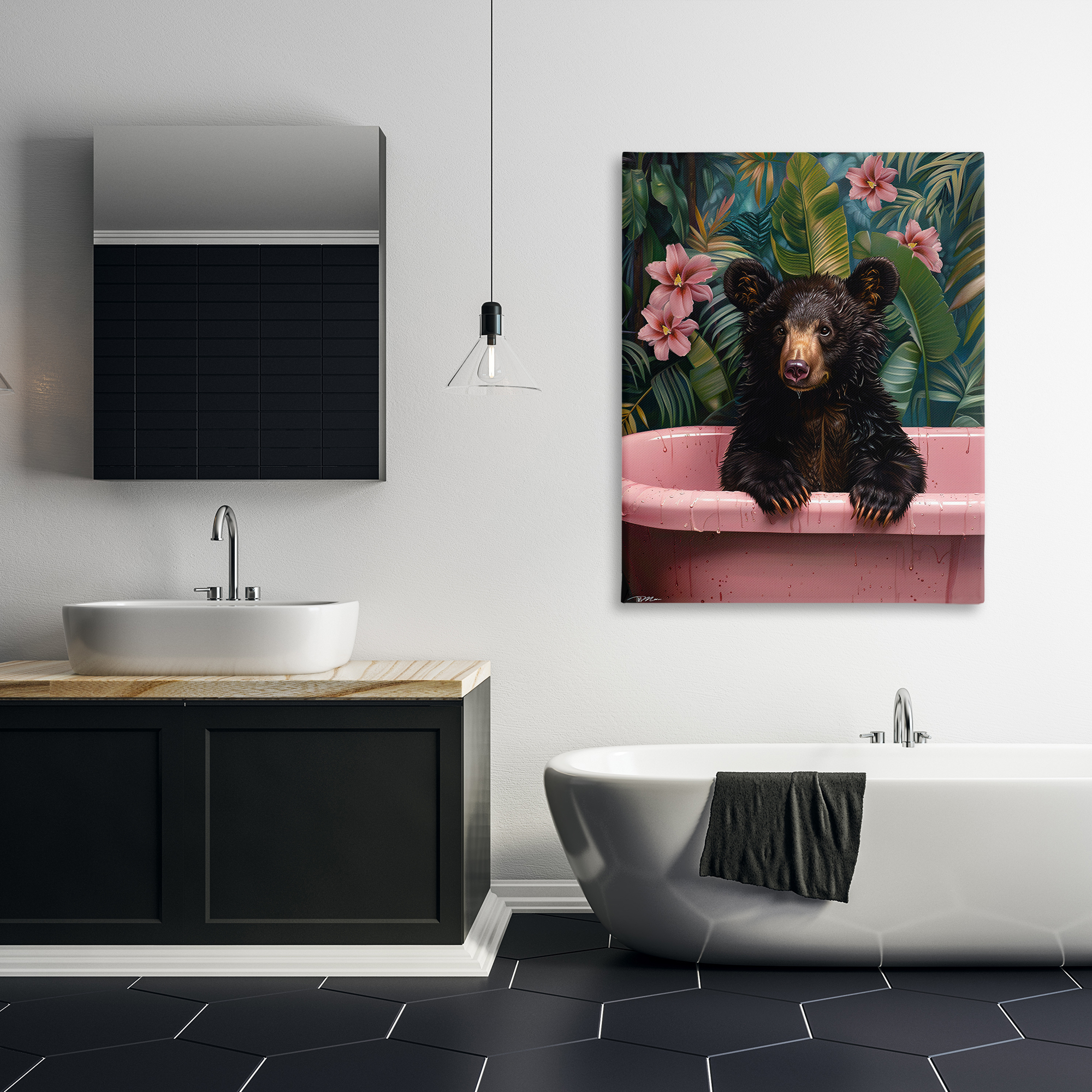 Bruno Bear in Pink Tub Canvas Wall Art, design by Momart