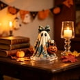 thumbnail image 4 of JVBTVB Acrylic Ghost Ornament Halloween Tabletop Decor Cute Blue Floral Ghost Figurine with Pumpkin Bucket for Mantel Shelf Fall Home Party Display, 4 of 6