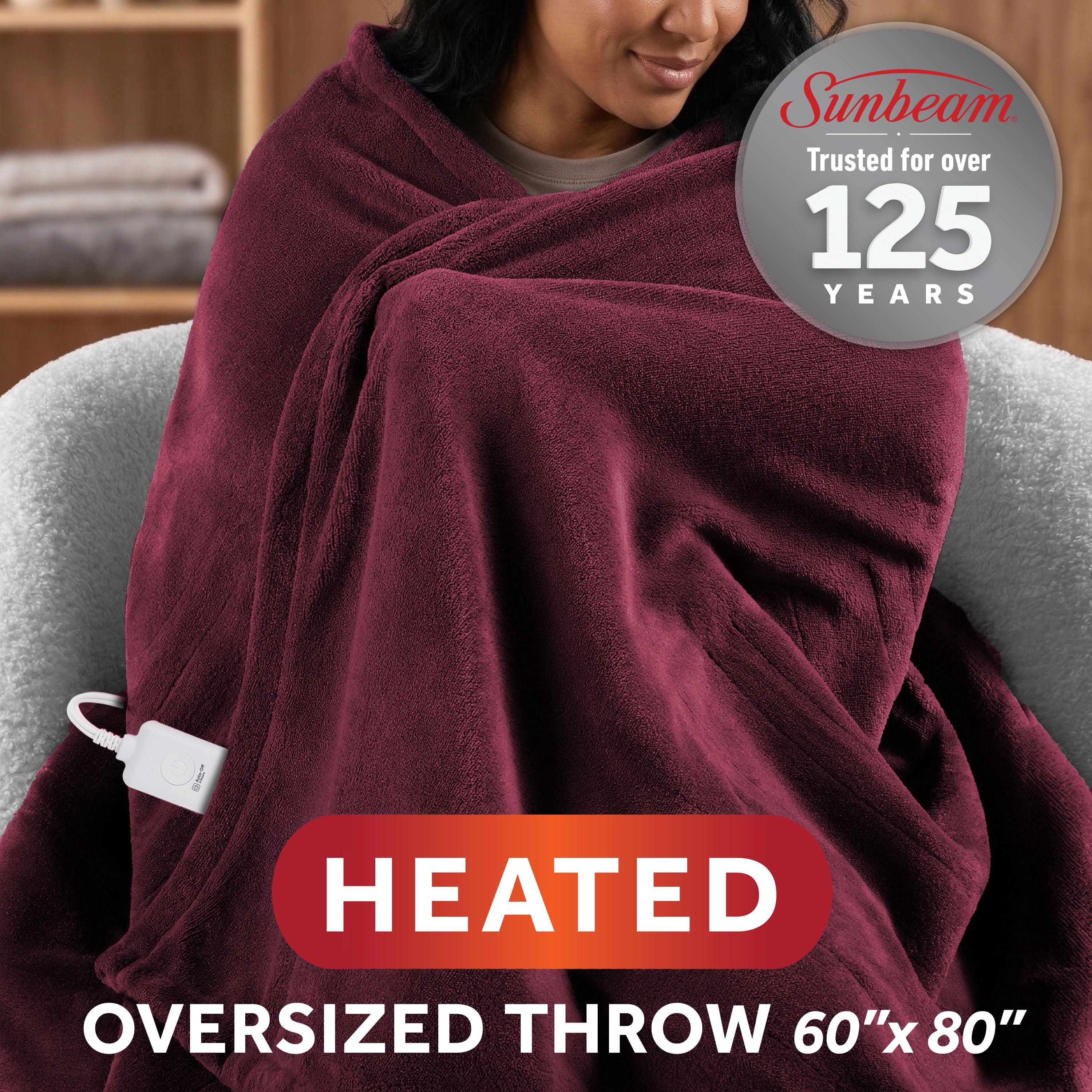 Sunbeam Heated Electric Oversized Microplush Throw Blanket, Merlot, 4 Heat Settings, 60 x 80 in