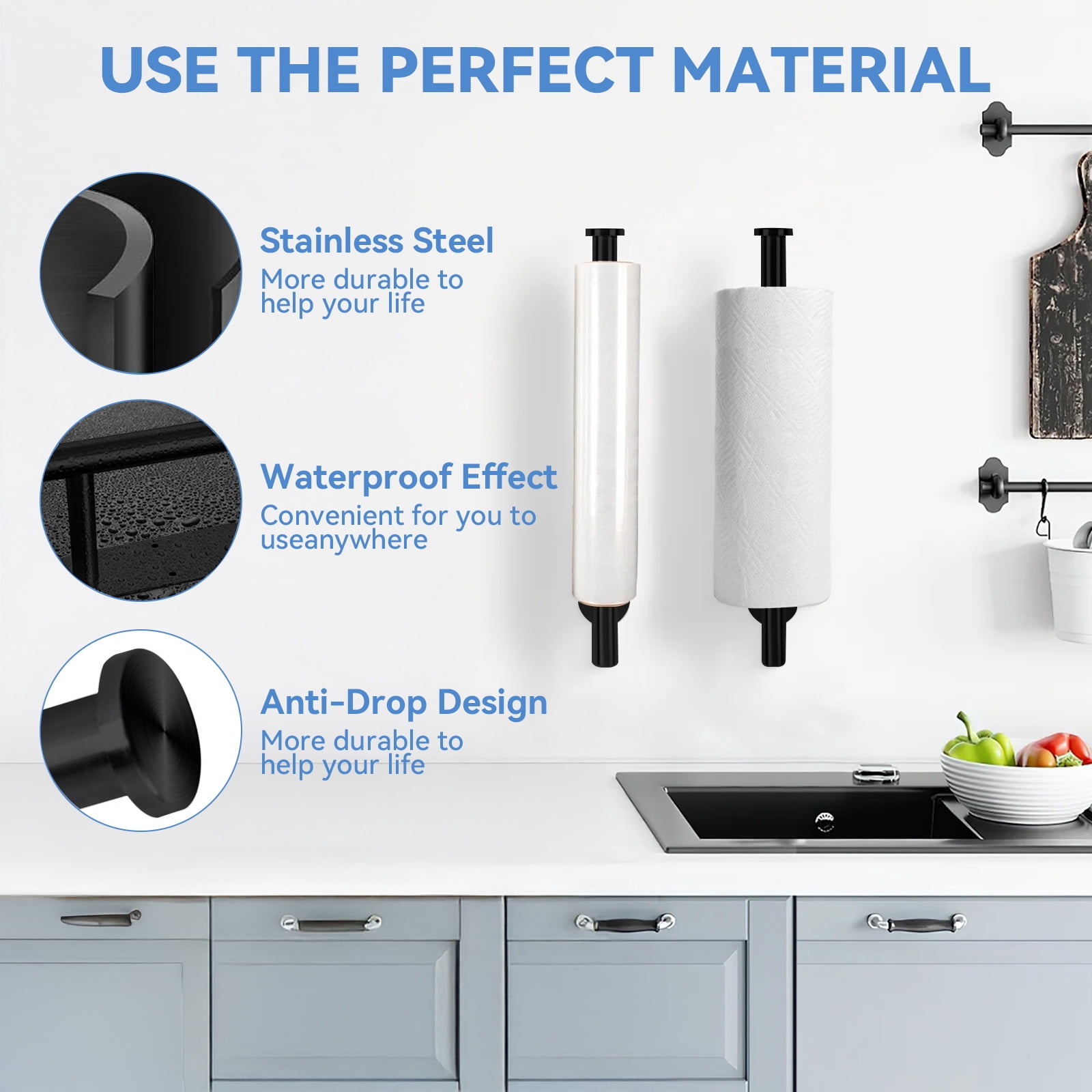 Brotasdro 2 Pack Stainless Steel Paper Towel Holder, Wall Mounted & Under Cabinet Paper Towel Rack, Rustproof Self-Adhesive or Screw Mount Kitchen Organizer, Black