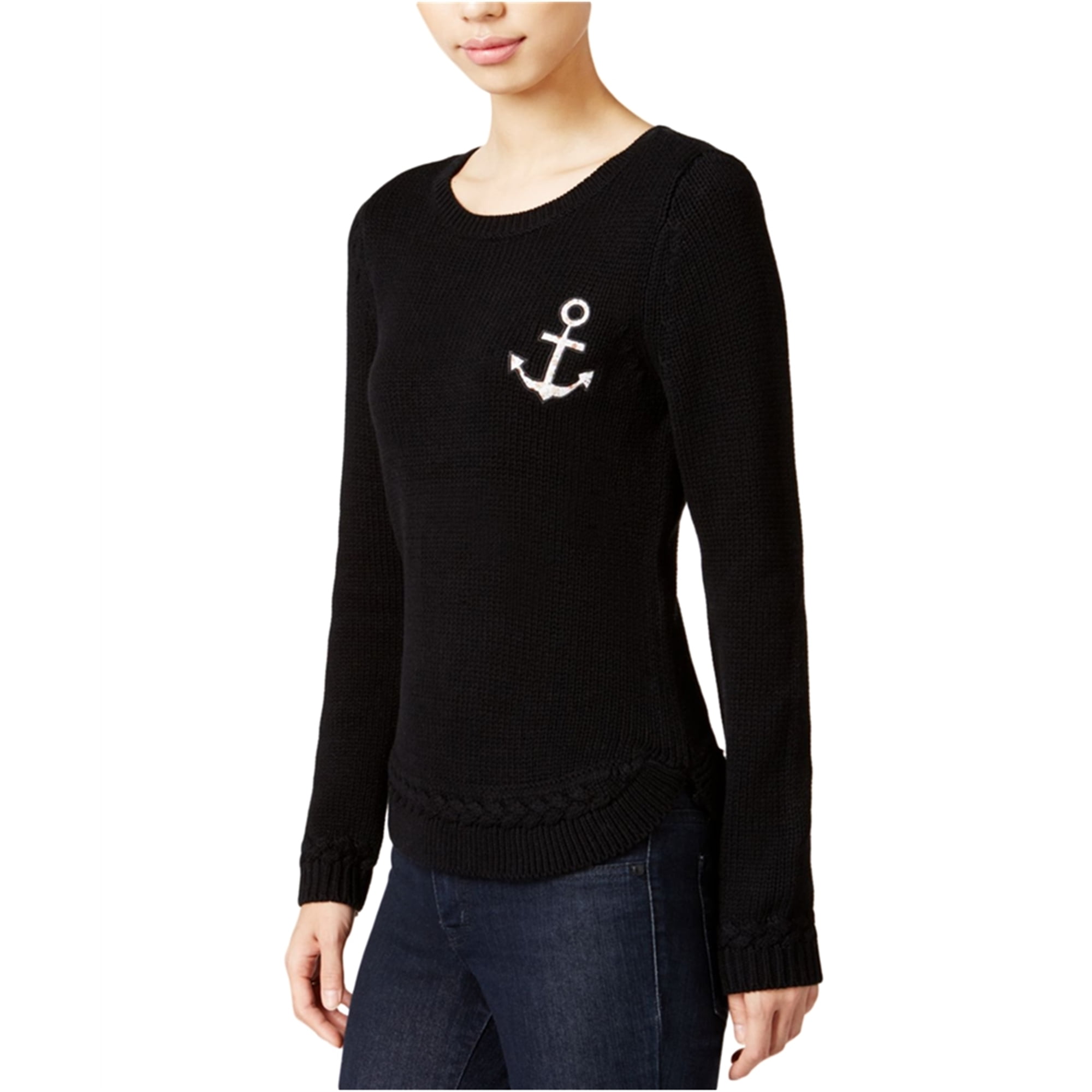 maison Jules Womens Anchor Patch Knit Sweater Black Medium