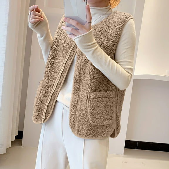 TMOYZQ Womens Fleece Vest, Casual Sleeveless Zip Up Oversized Cardigan Winter Warm Plush Sweater Vest Jackets Outdoor Coat Outerwear with Pockets