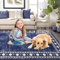 thumbnail image 5 of Nanan 2'x6' Modern Bordered Runner Rug Geometric Carpet, Machine Washable Rug Non Slip Solid Indoor Rug for Hallway Bedroom Kitchen, Blue, 5 of 6