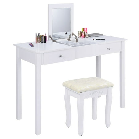 Costway Vanity Table Dressing Flip Top Desk Mirror 2 Drawers Furniture With Stool