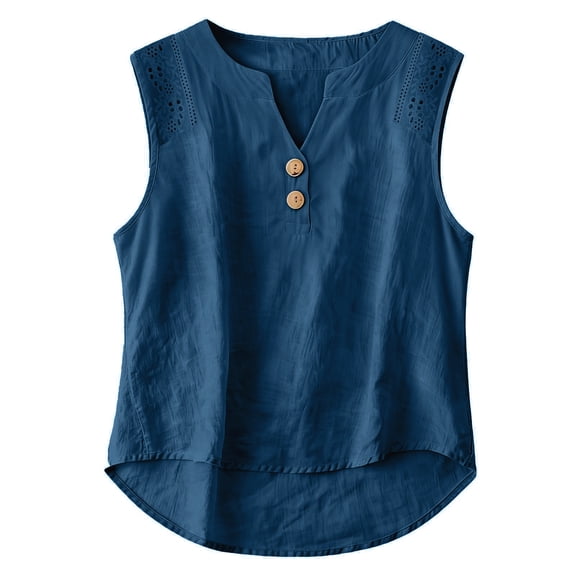 Cotton Linen Tank Tops for Women V Neck Button Down Henley Shirts Summer Casual Sleeveless Loose Fit T-Shirt