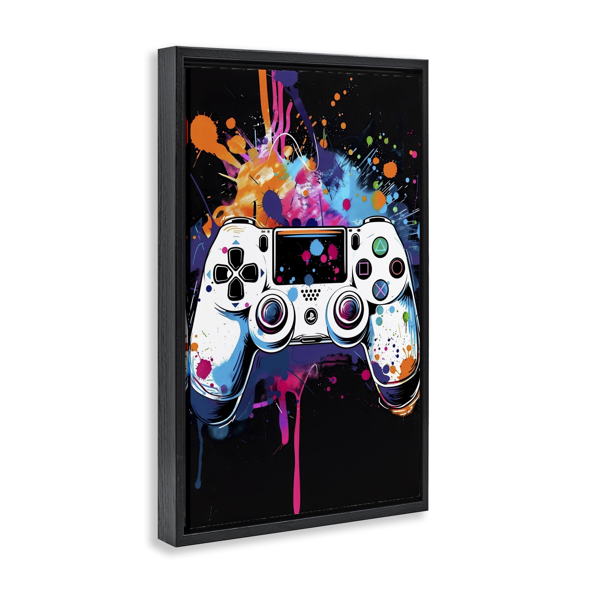 Stupell Industries Controller Contrast with Neon Splatter Black Framed Floater Canvas Wall Art, design by Creative Studio