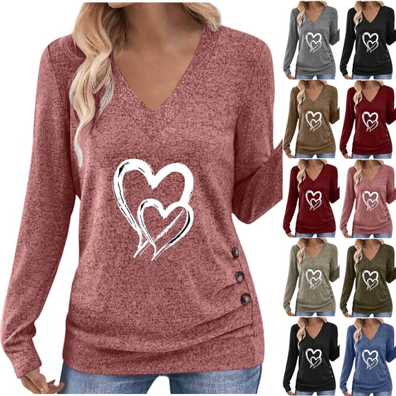 Busydd Womens T Shirts Fashion Heart Print Long Sleeve Going Out Tops for Women Casual Versatile Loose V Neck Womens Tops S