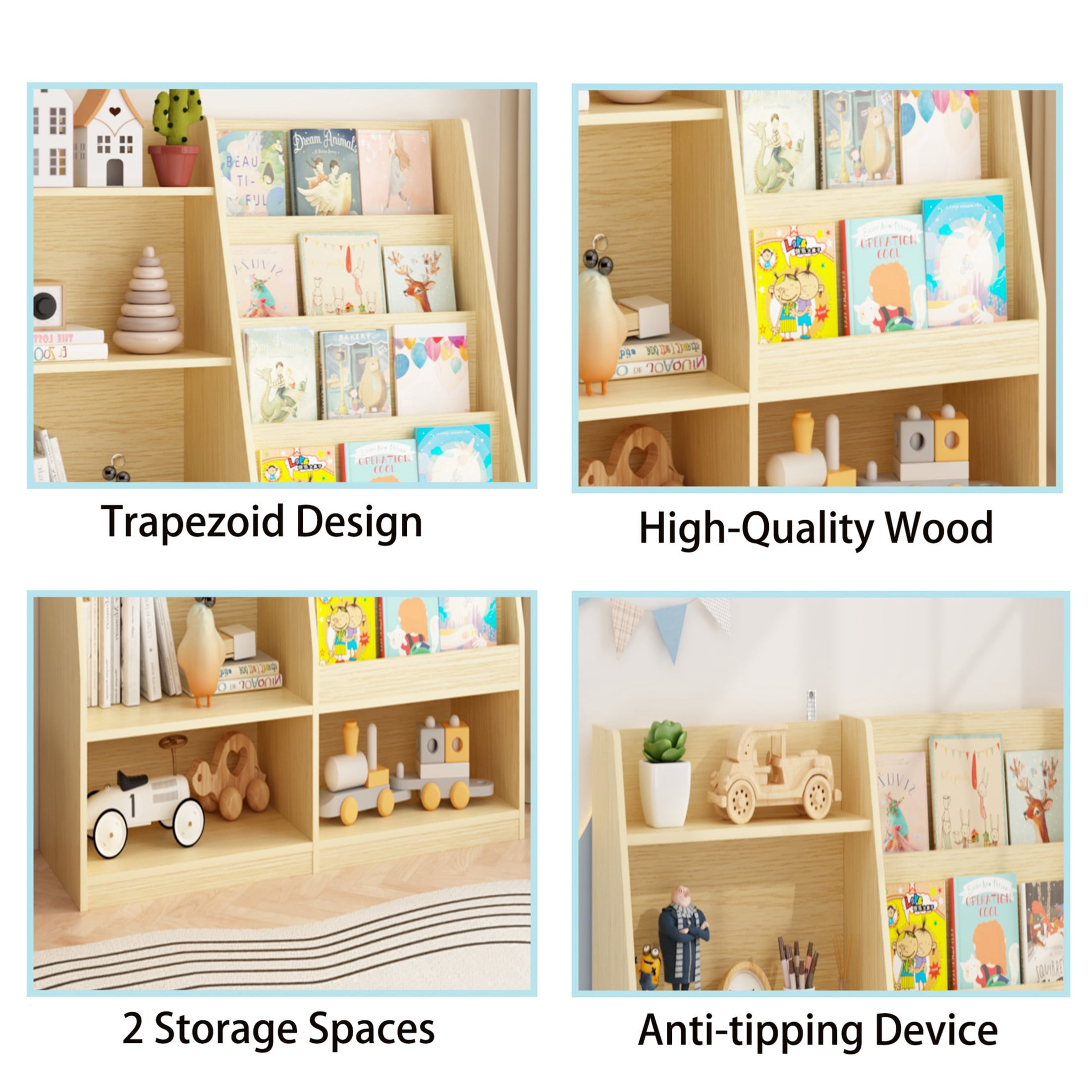 Noble House Kids Bookshelf, Toy Storage Organizer, 4-Tier Wooden Bookcase Display Stand, Kids Room, Playroom, Natural