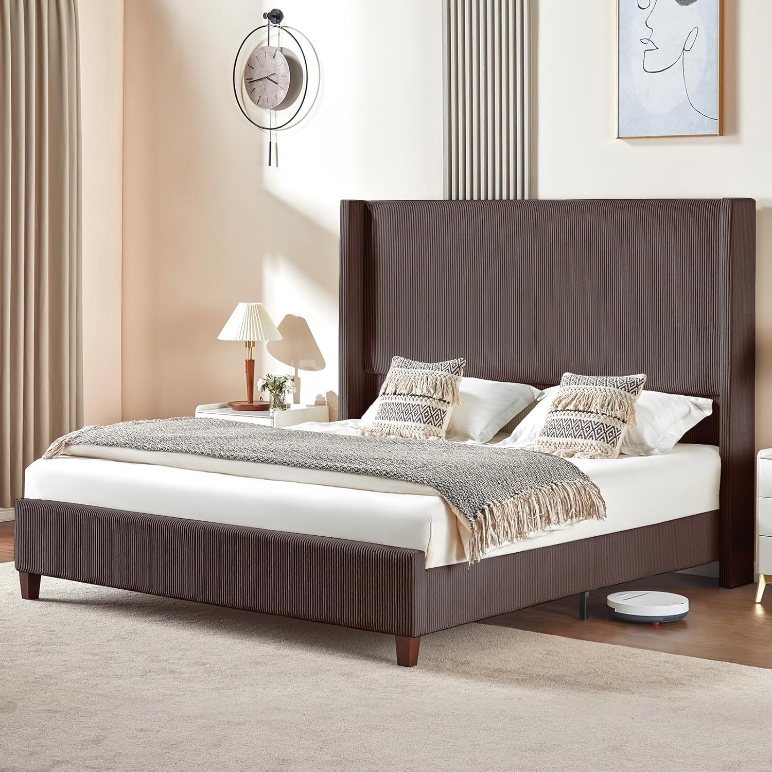 VanAcc Queen Size Platform Bed Frame with 62" Headboard Corduroy Upholstered Bed/Wingback/No Box Spring Needed/Noise Free/Brown