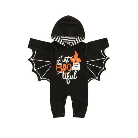 

Amuver Baby Boys Halloween Jumpsuit Long Sleeve Batwing Hooded Letters Ghost Print Romper for Toddlers