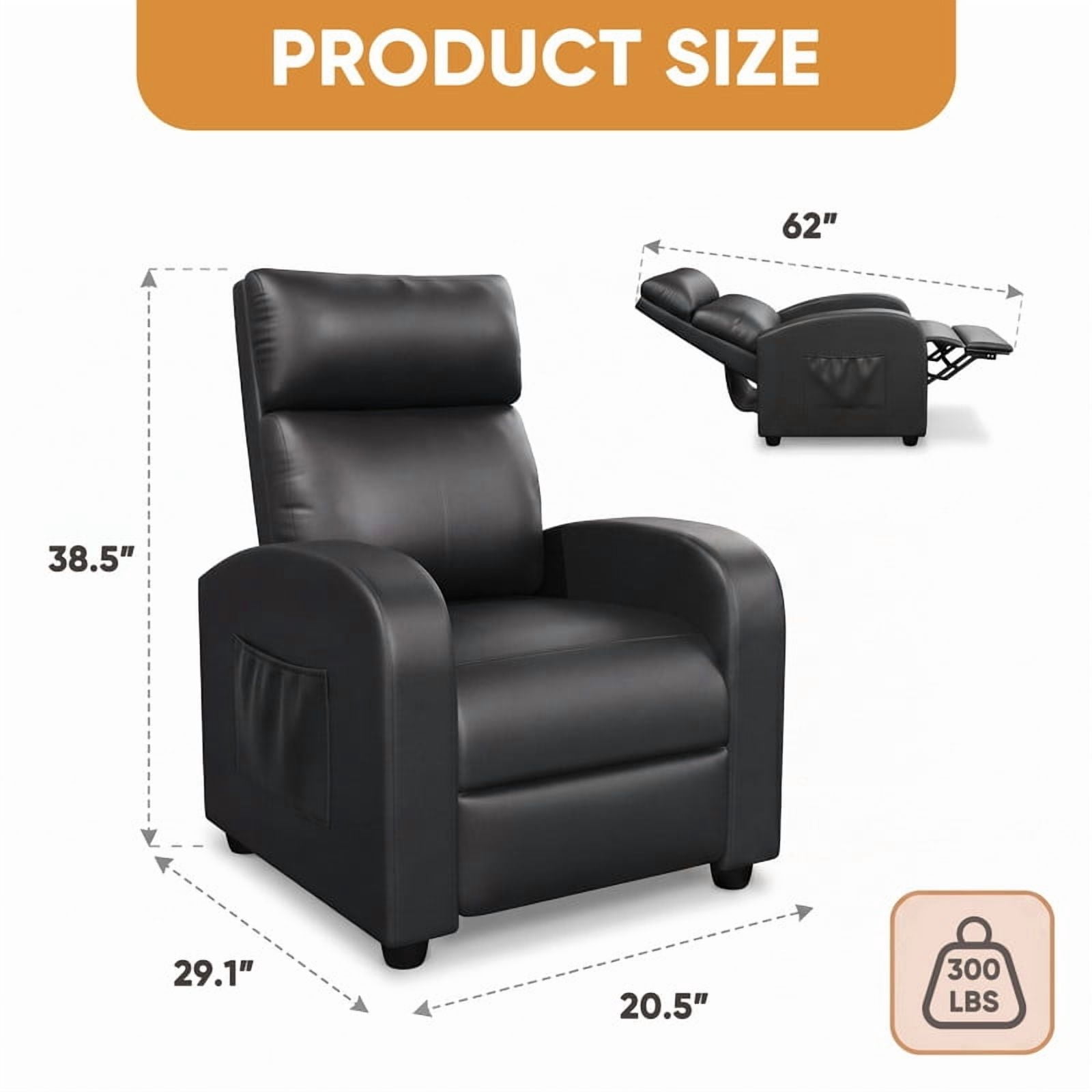 Vineego Massage Recliner Chair Small Places Single Sofa Adjustable Home Theater Seating with Side Pockets for Living Room,PU Black