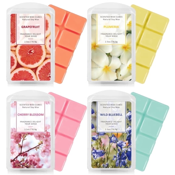 SCENTORINI Wax Melts Wax Cubes for Warmer, Grapefruit, Cherry Blossoms, Wild Bluebell, Plumeria(4-Pack)
