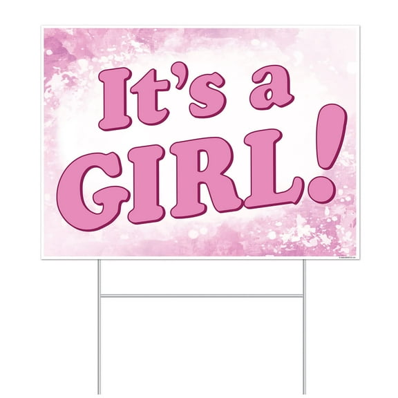 Beistle Plastic It's A Girl Yard Metal Stakes-Baby Shower Gender Reveal Party Decorations-Birth Announcement Outdoor Lawn Sign, 11.5" x 15.5", Pink/White
