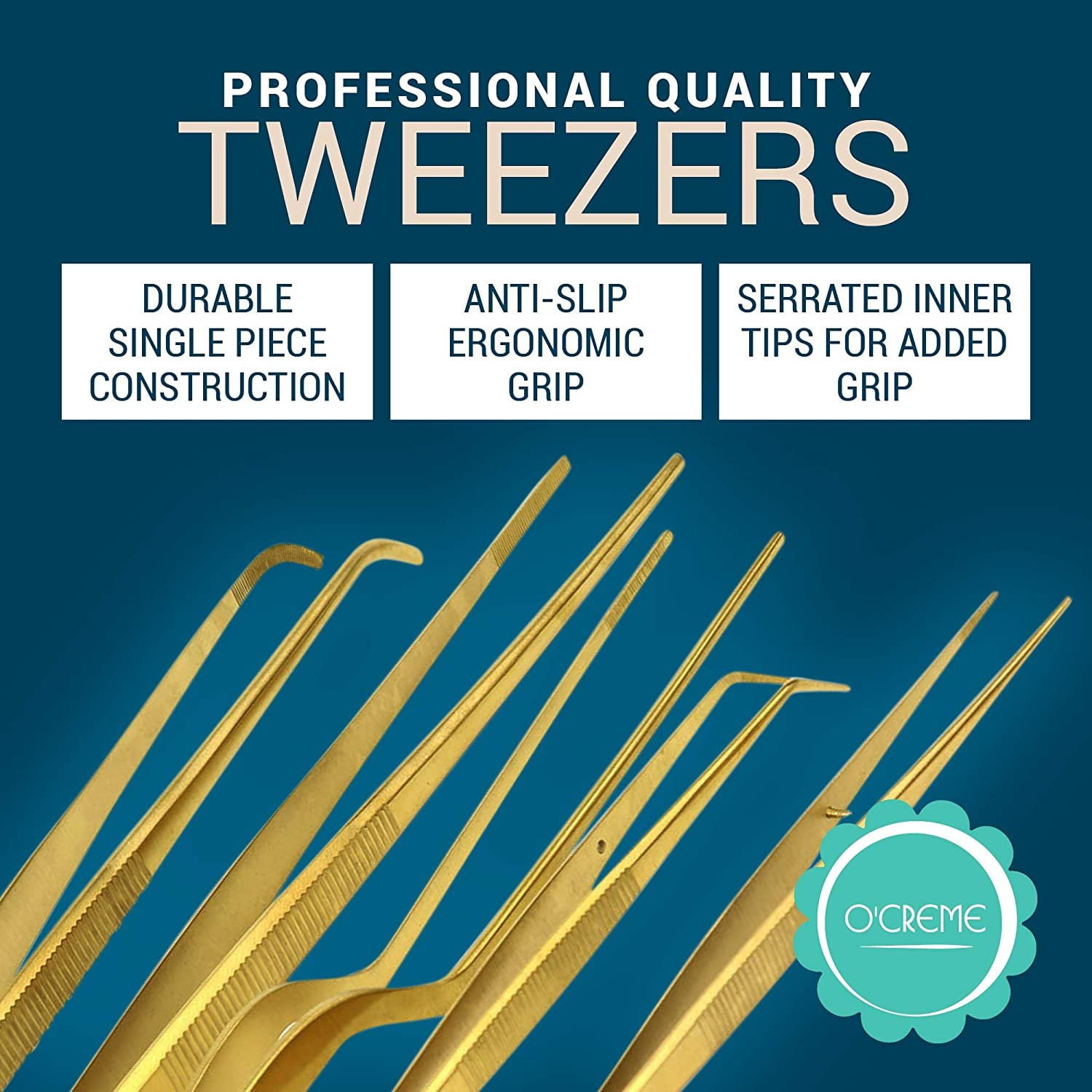 O'Creme Set of Culinary Tweezer Tongs Offset, Straight and Curved, Plus Super Sharp Chef Scissors, Total 6 Pieces Gold