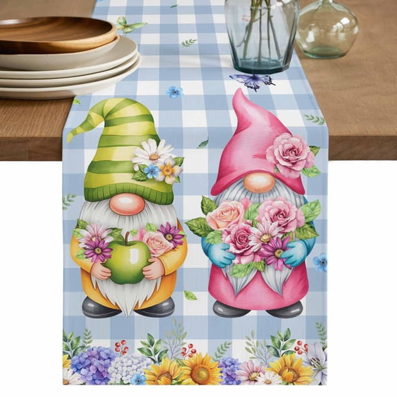 Table Runner 90 Inches Long for Kitchen Dining, Spring Floral Gnomes Dresser Scarf Farmhouse, Dining Table Decorations for Wedding/Parties, Watercolor Flowers Butterflies Blue Plaid 13 x 90 In