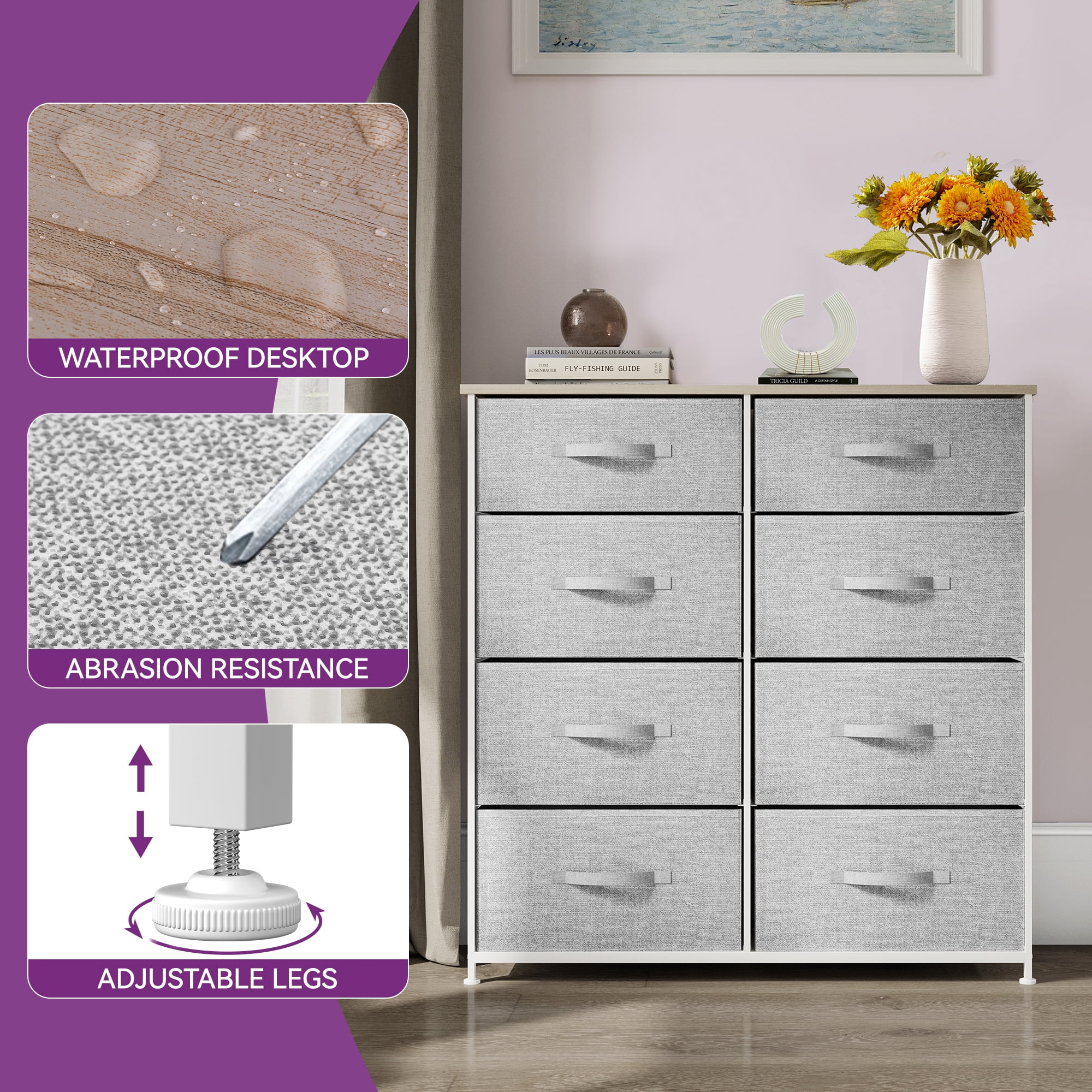 Uforic 8-Drawer Dresser Grey Fabric Storage Chest Double Dresser for Closet,Living Room,Bedroom Steel Frame