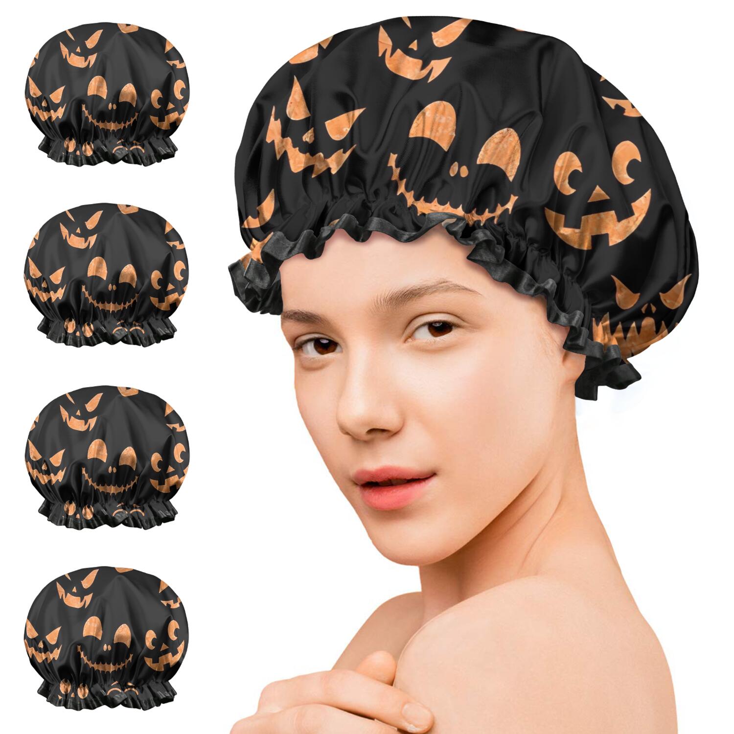 Shower Caps,Black Halloween Pumpkin Faces Waterproof Shower Cap for Women 4 Pieces,Double Reusable Hair Cover for Shower PEVA Elastic Stretch Hem