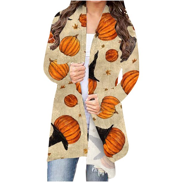 Camiseta de manga larga para mujer, cárdigan de otoño, cárdigan suelto, camisa estampada, cárdigan, Top, cárdigan de Halloween, camisa Fridja hkj2596