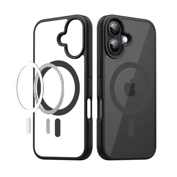 iPhone 16, Frosted Transparent Back with Black TPU Bumper, Shockproof Protective Cover, Built-in Magnetic Ring, Camera Protection, Wireless Charging Compatible (Black)