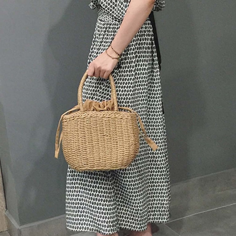 Orgonite Straw Tote Bag For Women - Woven Rattan Handbag With Bamboo Handle, Summer Beach Bag