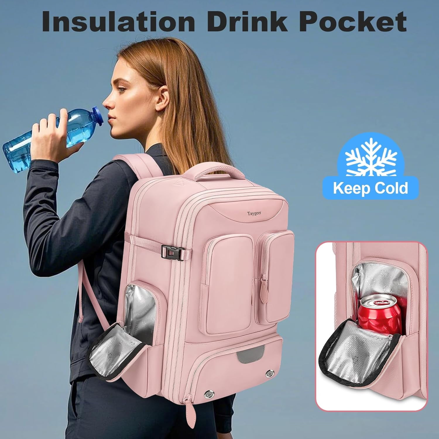 Taygeer Vacuum Backpack, Expandable Carry on Compression Luggage Bag with Shoe Compartment and Rain Cover for Adults, Pink