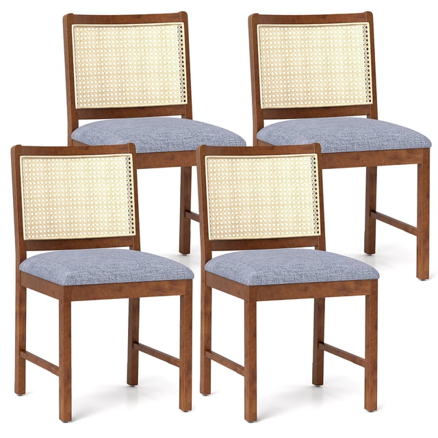 Gymax Rattan Dining Chair Set of 4 w/ Rubber Wood Frame Linen Fabric Padded Seat