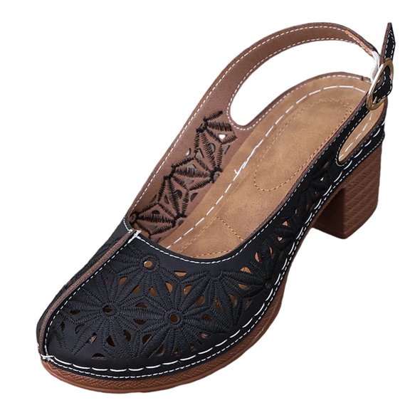 KIJBLAE Women's Laser Cutout Block Heel Slingbacks, Closed-Toe with Ankle Buckle, Plus Size Breathable Comfort Footwear Black 39