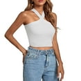 thumbnail image 4 of YYDGH Women's Criss Cross Halter Crop Top Ribbed Knit Fitting Tank Top Solid Color Sleeveless Tee Shirt Summmer Tops White S, 4 of 8