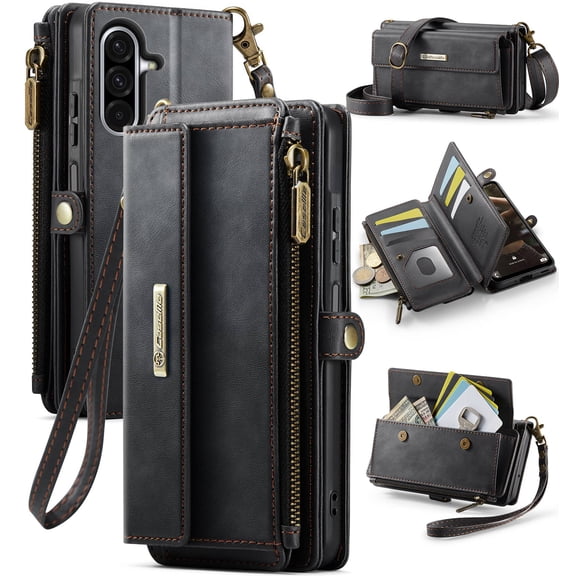 For Samung Galaxy A17 Wallet Case, RFID Blocking PU Leather Phone Case Women Men Kickstand Flip Cover Wrist Strap Zipper Credit Card Holder Slots