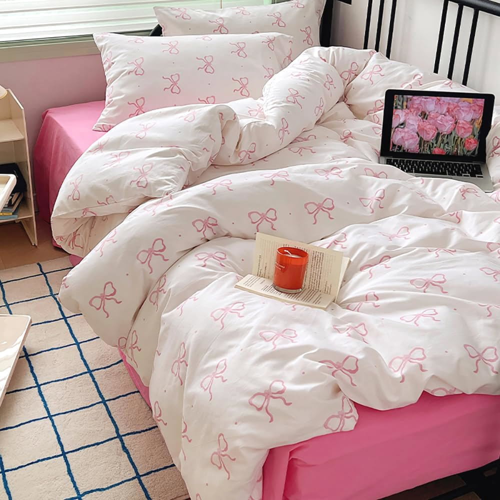 2 Pieces Cartoon Bowknot Duvet Cover Set Pink Bow Tie Knot on White Princess Bedding Set Soft Home Cozy and Breathable Comforter Cover Set,Twin Size