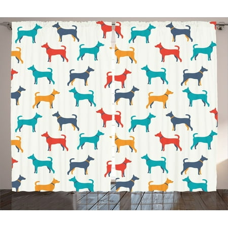 Contemporary Drapes Dog Lover Decor Curtains 2 Panels Set, Contemporary Colorful Illustration Of Dog Figures With Contours In Retro Style, Living Room Bedroom Accessories, By Ambesonne ()