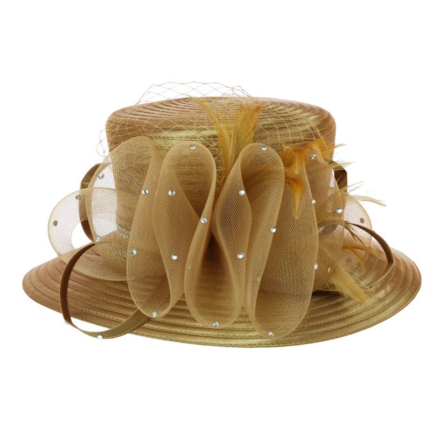 Sombrero para el sol Chicheadwear trenzado con malla de volantes y plumas - Tan