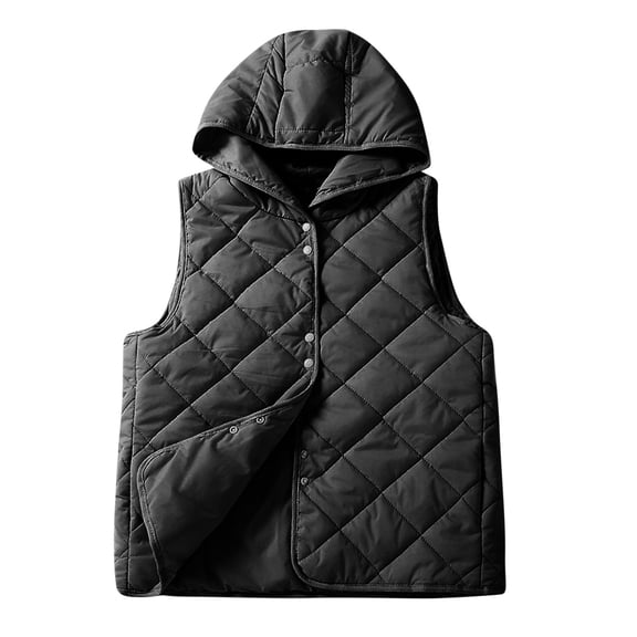 jtjvou Womne's Hood Lightweight Warm Sleeveless Quilted Puffer Vest Button Padded Down Jacket Coats for Women Black,XXL