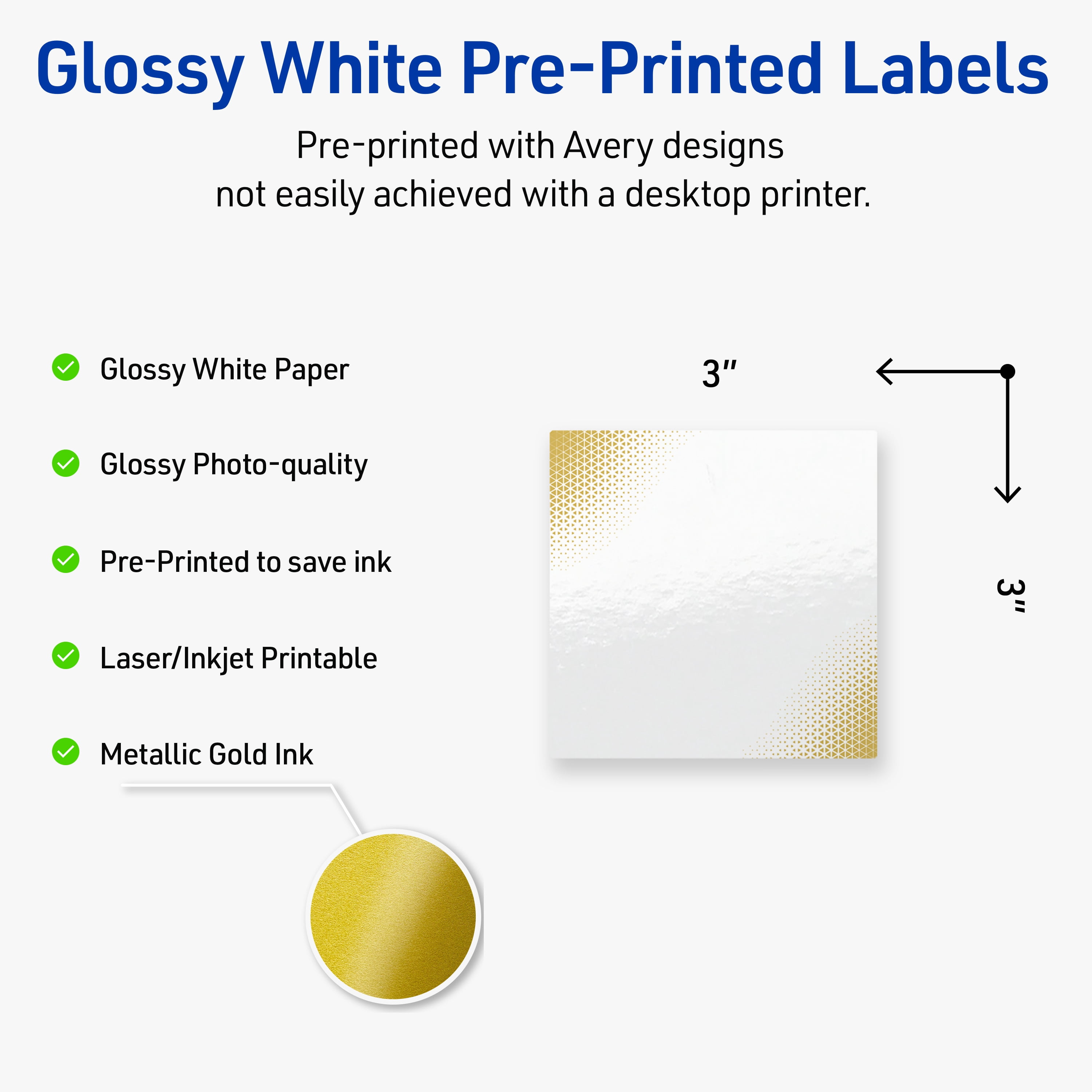 Avery Square Labels, Gold Blush Pattern, 3" x 3", 60 Total, Glossy, Gold Blush
