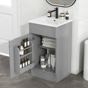 18" Bathroom Vanity with Sink, Vanity Cabinet with Door Shelf and Adjustable Shelf, Grey