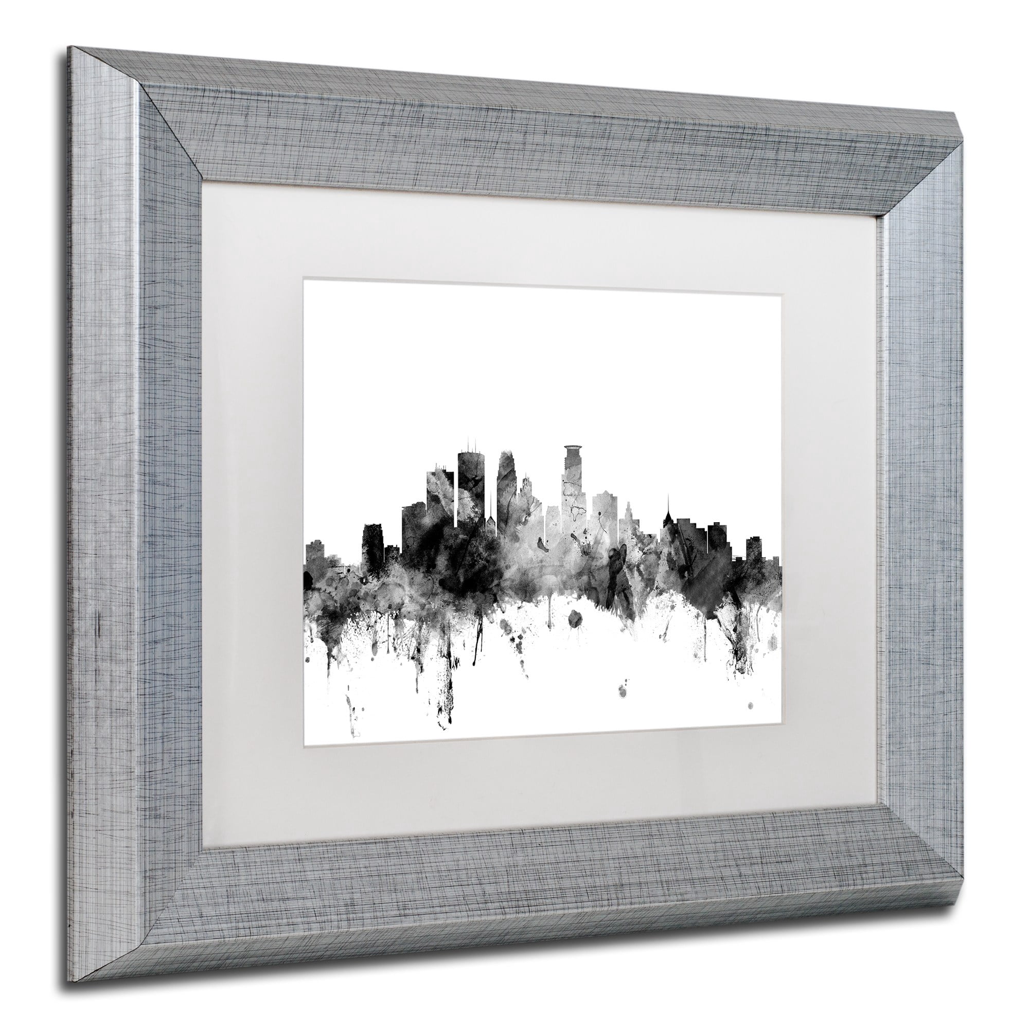 Trademark Fine Art "Minneapolis MN Skyline B&W" Canvas Art by Michael Tompsett, White Matte, Silver Frame