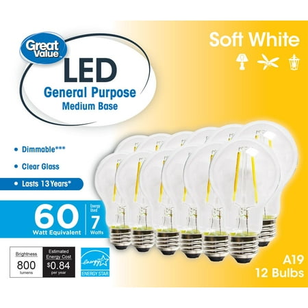 

Great Value LED Light Bulb 8W (60W Equivalent) A19 Clear Glass E26 Base Dimmable Soft White 12-Pack