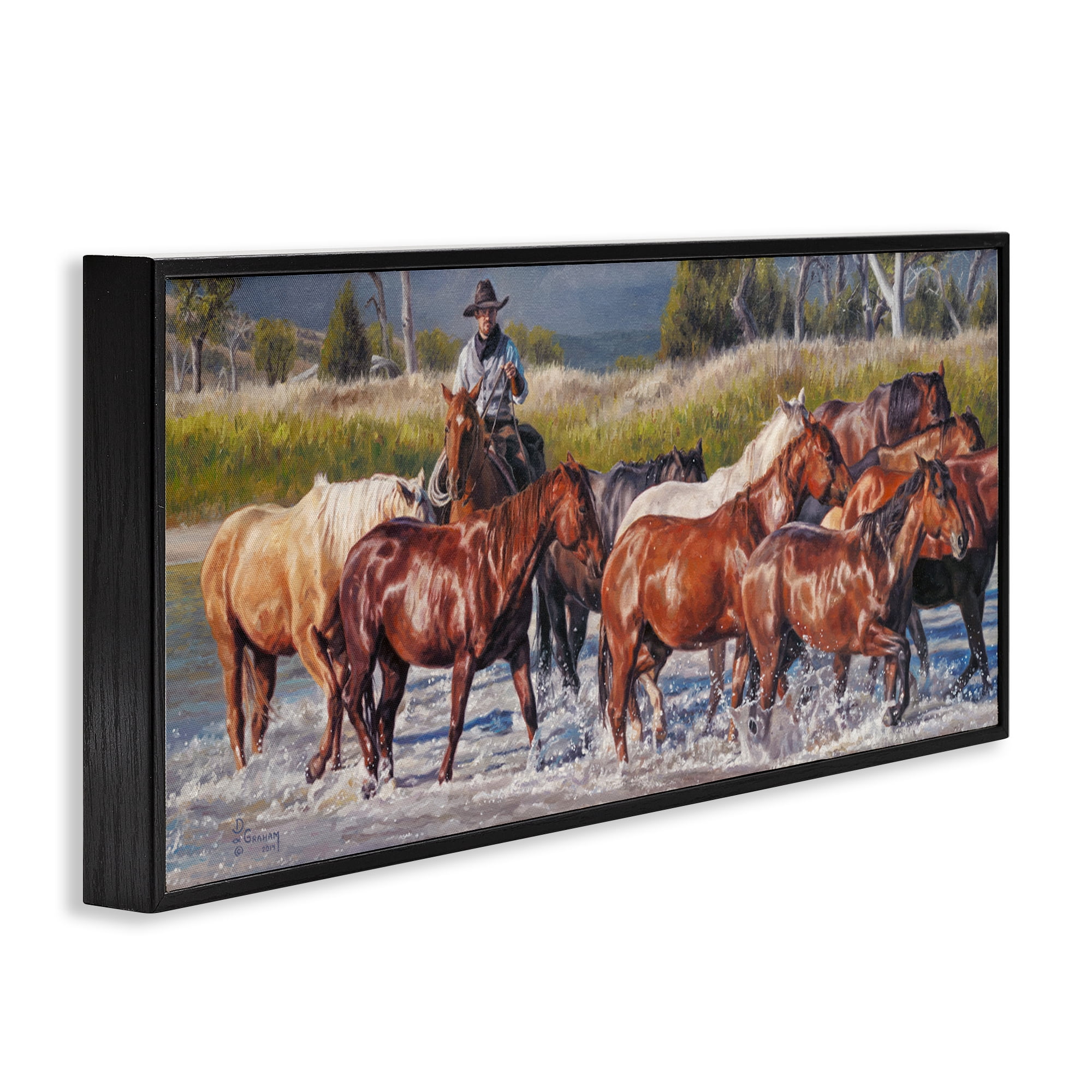 Stupell Industries Crossing The Remuda Animals & Insects Painting Black Framed Art Print Wall Art, 30 x 13