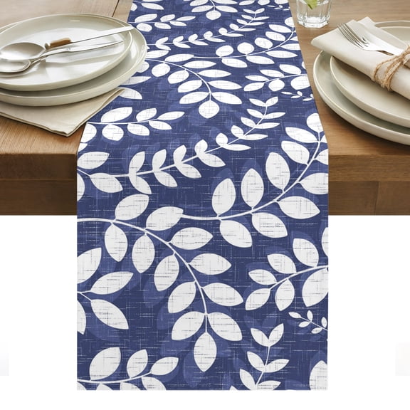 Indigo Leaves Table Runner Farmhouse Botanical Leaf Branch Vintage Modern Tablerunners 14 x 72 Inch, Table Decorations Tabletop Scarf for Summer Gathering Holiday Farmhouse Kitchen Dining Decor