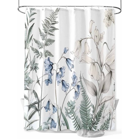 Fsddascl Blue Beige Floral Shower Curtain Set - Long 72" x 84" Washable Bathtub Curtain with 12 Hooks, Farmhouse Botanical Waterproof Fabric Stall Shower Curtains for Bathroom/Bathtub Décor