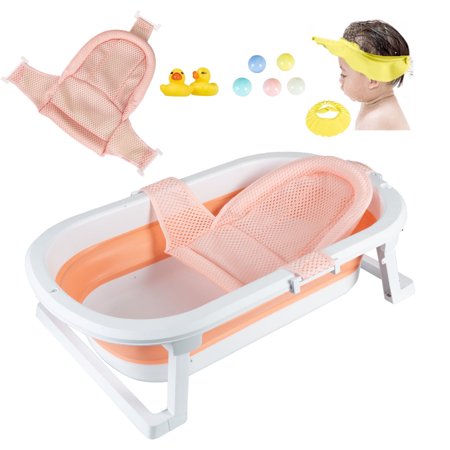 ANJORALA Portable Baby Bathtub with Mats, Infant Bath Tub, Newborn to Toddler, Pink+Net