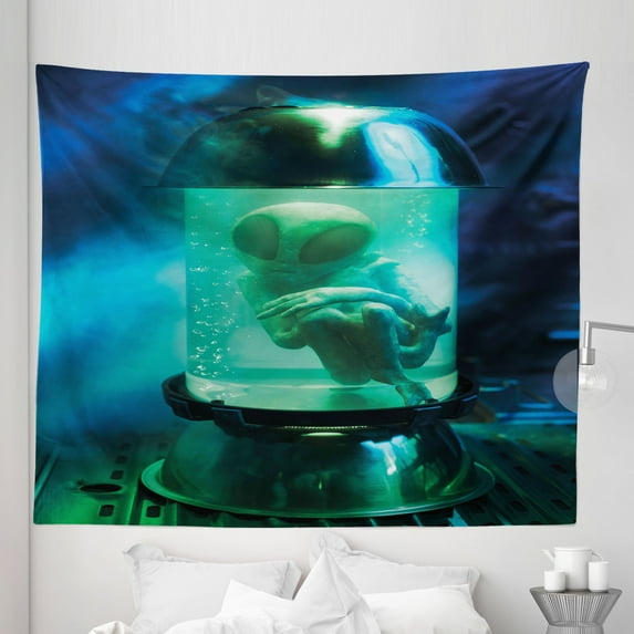 Outer Space Tapestry, Martian UFO Alien in a Aquarium Like Tube Art Image, Fabric Wall Hanging Decor for Bedroom Living Room Dorm, 5 Sizes, Pale Green Sky Blue, by Ambesonne