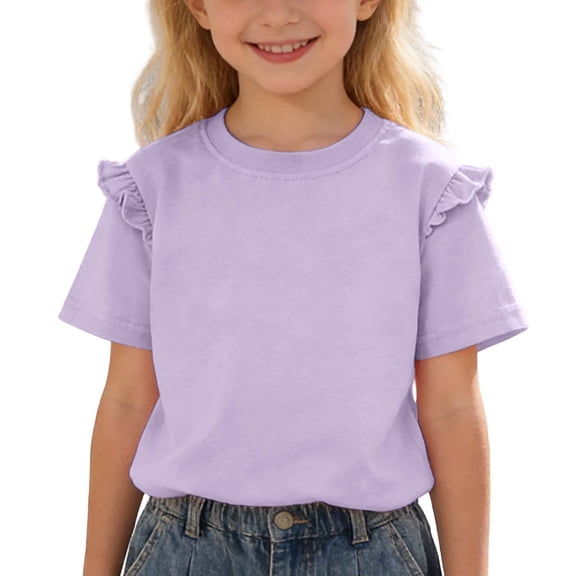 Girls Cute Tops Short Sleeve with Ruffle T Shirt for Girls 14-16 Casual Crewneck Blouse Shirts Kids Spring Summer Clothes(Size 11-12 Years,Purple)
