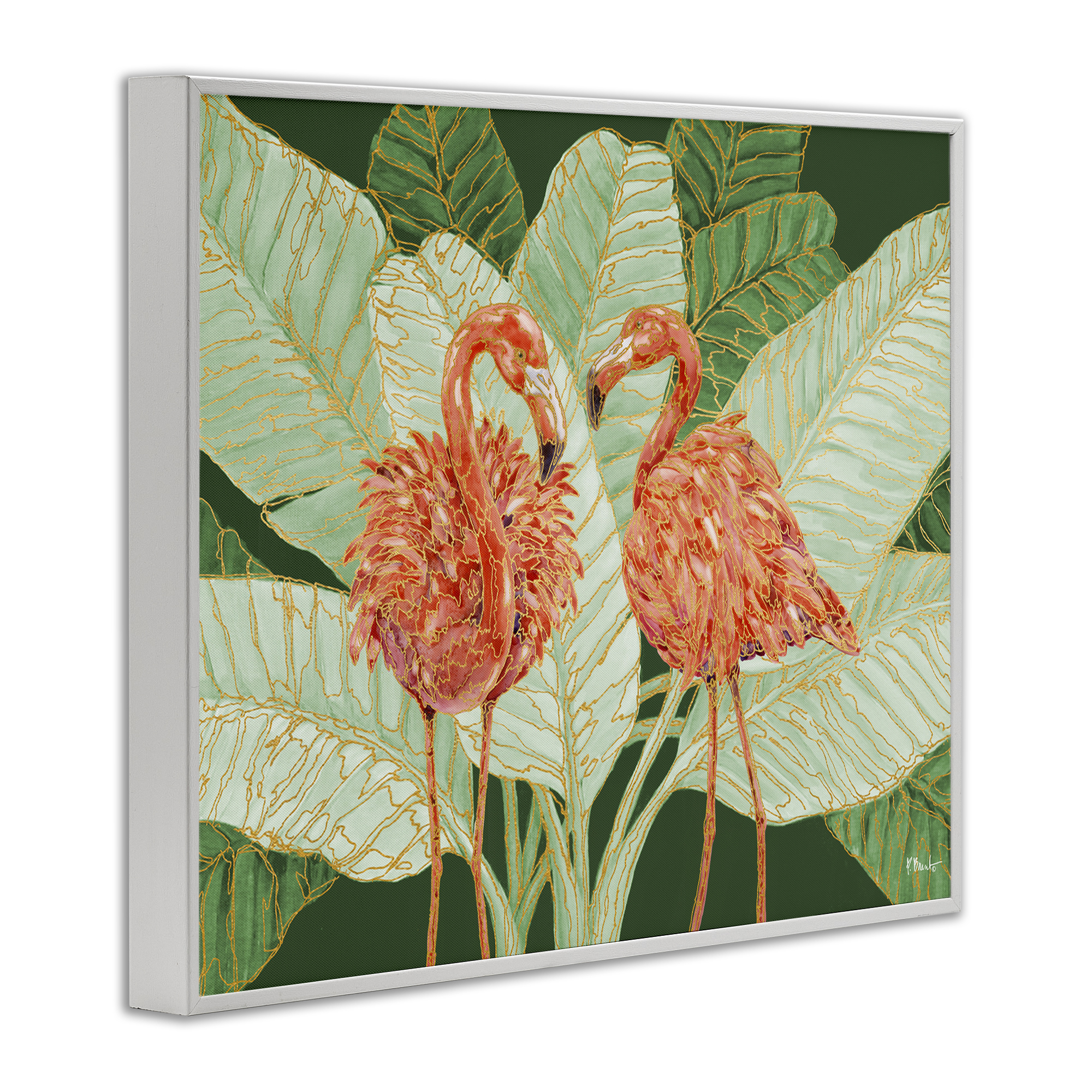 Stupell Industries Martinique Flamingos & Leaves Animals & Insects Painting White Framed Art Print Wall Art, 14 x 11