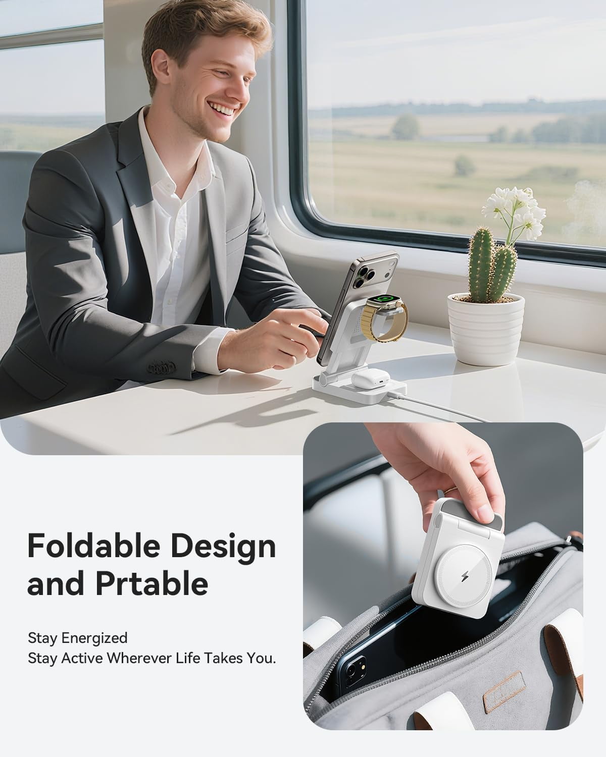 3-in-1 Foldable & Retractable Wireless Charger Station, 15W Fast Magnetic Charging, Portable Fast Charging Stand,Compatible with Mag Safe Charging for i Phone17/16/15/14/13/12,i Watch,Air Pods(White)